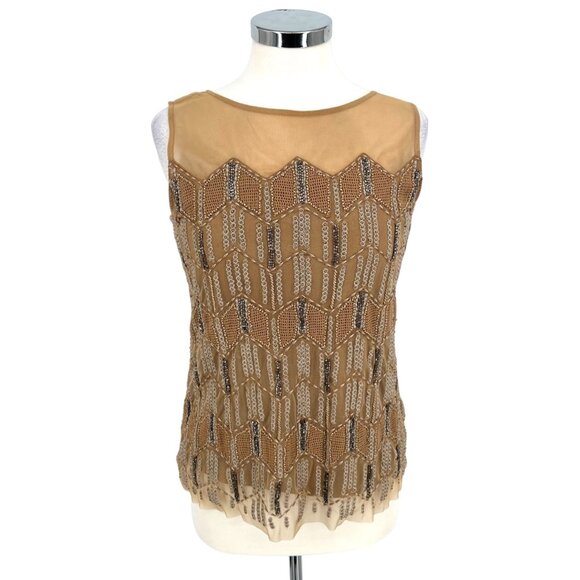 Sundance Beaded Moondusk Top Sleeveless Mesh Beige Tan Size Medium Petite - Picture 1 of 12